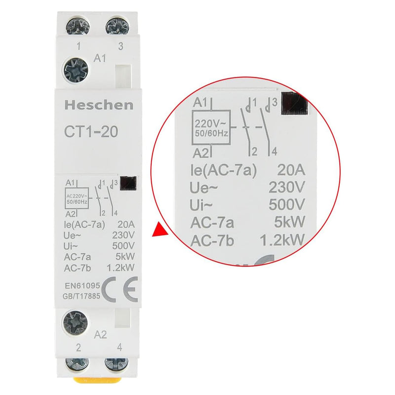 Heschen Household AC Contactor CT1-20 Ie 20A 2 Pin Two Normal Open 220V Coil Voltage 35mm DIN Rail Mounting