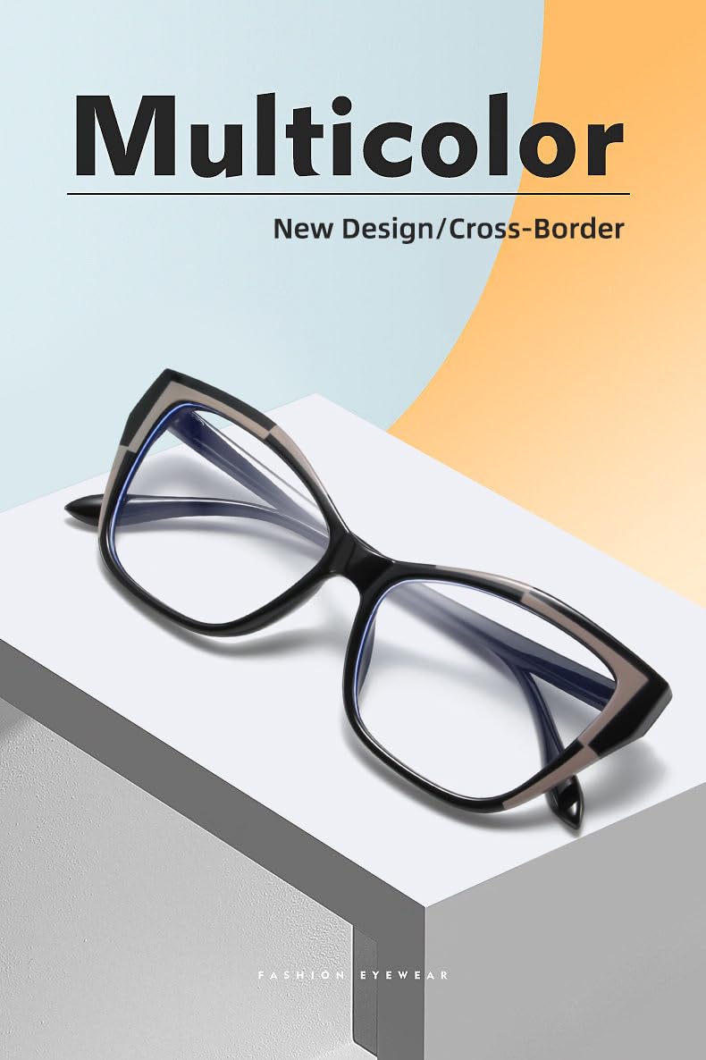065 Women Cateye Blue Light Blocking Glasses,Computer Eyewear Non-Prescription Glasses Fashion Colorful Frame(2PACK) Black Grey
