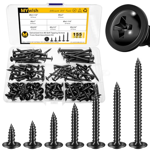 Mywish 155Pcs #10x1/2, 5/8", 3/4", 1",1-1/4", 1-1/2", 2" Self Tapping Screws & 155Pcs #8 Truss Head Wood Screws, Quick Metal Black Self Tapping Wood Screws， Black Sheet Metal Screws for Metal Wood &
