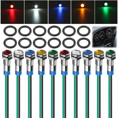 Pack of 10 6mm LED Metal Indicator Light 220V-230V Waterproof IP66, Signal Light with Cable for Dashboard, Pilot Light Set (Red/Green/Yellow/Blue/White)