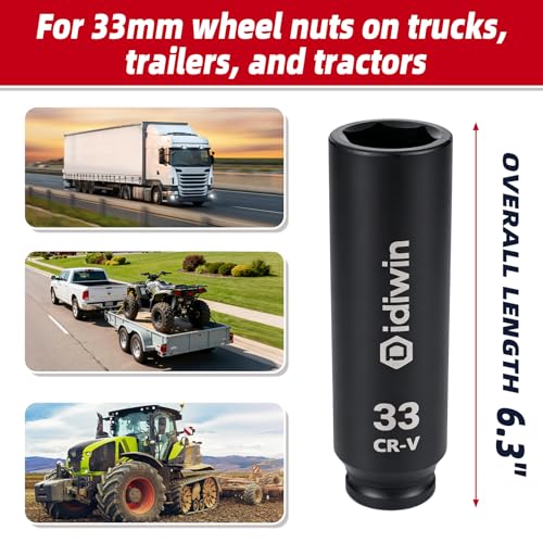1/2" Drive 33mm Extra Deep Impact Socket，6.3"(160mm) Long，6-Point, Heat Treated Cr-V Alloy Steel, One-Piece Forged, Radius corner design