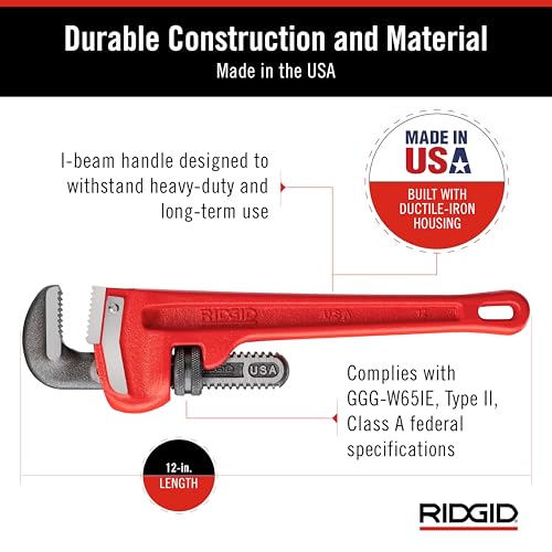 RIDGID 31015 Heavy-Duty Straight Pipe Wrench, 12" Sturdy Plumbing Wrench with Self Cleaning Threads and Hook Jaws, Red, Small 12" Durable