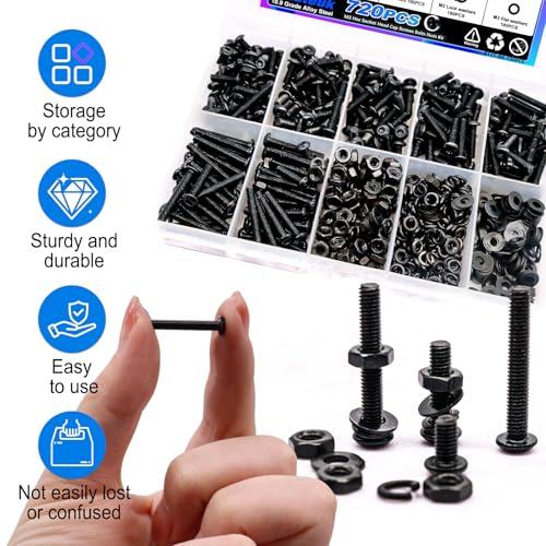mxuteuk 720PCS M3 Screws Assortment Kit,6/8/10/12/16/20mm M3 Metric Screw,10.9 Grade Alloy Steel Metric Hex Button Head Cap Screws Nuts and Flat Washers for 3D Printing