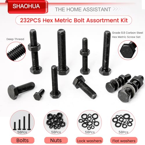 M6 M8 M10 M12 Metric Bolts and Nuts Assortment Kit 16MM to 60MM Grade 8 Hex Head Nuts Bolts Washers Assortment 15 Metric Sizes Nuts and Bolts Assortment Kit with Storage Case, 232PCS, Black Black- 232PCS M6 M8 M10 M12
