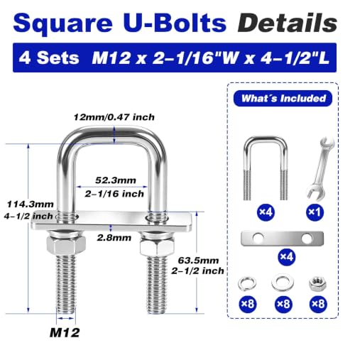4 Pcs Heavy Duty M12 Square U Bolts Kit, 2-1/16 Inch Wide 304 Stainless Steel U-Bolt with Frame Plates and Washers, Marine Grade 1/2" x 2-1/16"W x 4-1/2"L Trailer Axle Clamp M12 x 2-1/16"W x 4-1/2"L