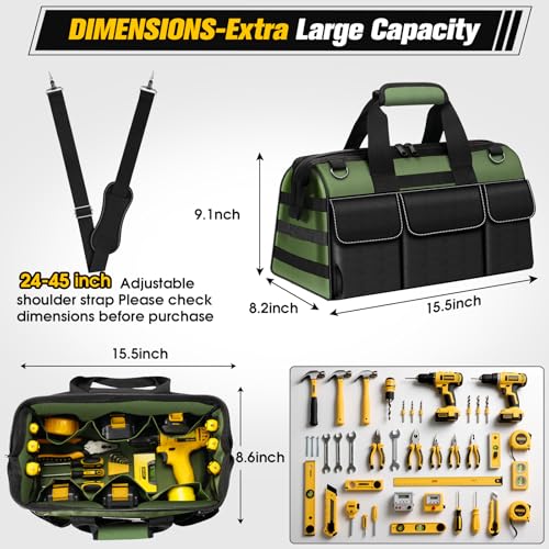 16-Inch Heavy Duty Tool Bag, 19-Pockets Tool Box Organizer, Portable Toolbag W/Soft Handle for Organized Storage, Mechanic Gifts for Men Dad Husband Fathers Day, Wide Mouth Electrician Toolbox, Green 16 Inch Handle