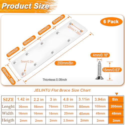 White Mending Plates 7.87x1.89 inch Flat Brackets,6PCS 7.87 x 1.89 x 0.08 inch/200 x 48 x 2 mm 6
