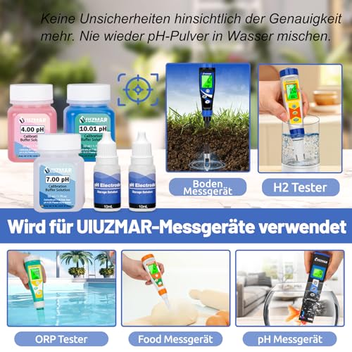 UIUZMAR pH Calibration Solution Set pH 7.00/4.00/10.01 50 ml Each for pH Meter | With storage solution pH electrode 2 bottles of 10 ml each, pH calibration buffer solution and pH electrolyte solution