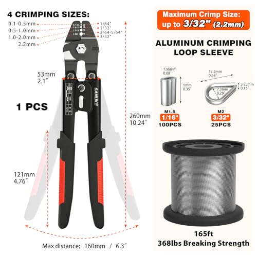 Sanuke Wire Rope Crimping Kit, 165ft 1/16" 304 Stainless Steel Cable 165ft Steel Cable+Crimper