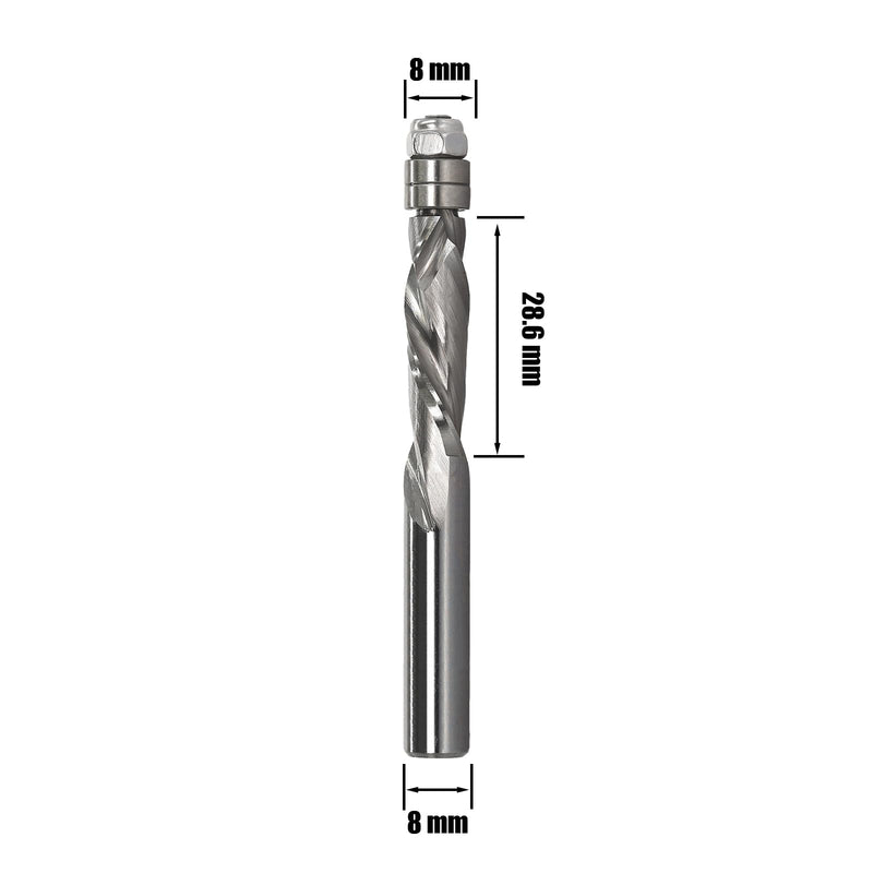 AKYLIN spiral flush cutter 8 mm shank, up & down compression cut spiral cutter for router, 8 mm cutting diameter, 28.6 mm cutting length spiral grooved double ball bearing wood cutter 8 x 8 x 28.6 mm up & down cut