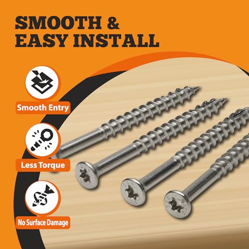 316 Stainless Steel Screws #9x2-1/2, Self Tapping Wood Screws with Torx T25 Star Drive, Type 17 Slot Point, 1 Free Bit Included (Natural, 300), by YYL FASTENER