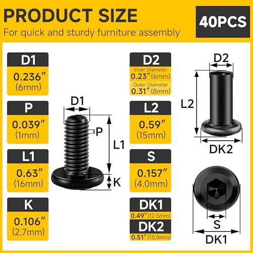 Mywish M6 x 8mm 20Pcs Flat Head Hex Socket Cap Screws Bolts & M6 x 16mm 20Set Flat Head Hex Socket Cap Screws Bolts with Barrel Nuts, 304 Stainless Steel Furniture Bolts Full Thread, Black Oxide & Hex