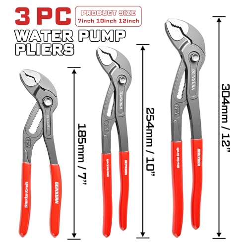 GEINXURN 7/10/12-Inch Water Pump Pliers Set, 3PCS Groove Joint Pliers V-Jaw with Push-Lock, Fast Adjustable Slip Joint Pliers Set for Plumbing, Home Repair, and Pipe Fittings