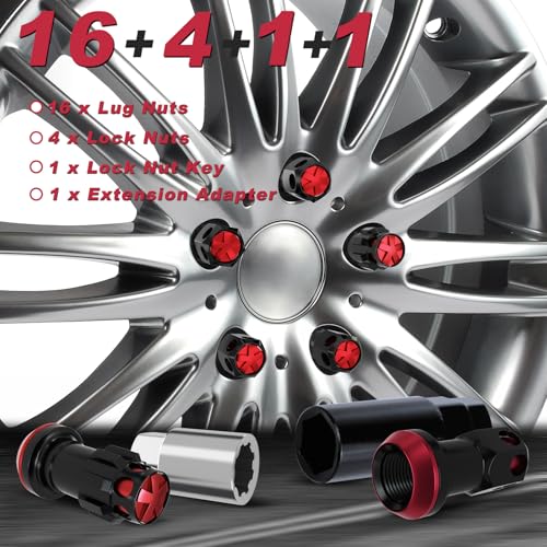 Lug Nuts Aluminum/Alloy Steel Tire Nut Lock 16 PCS Hex Nuts,4xEight Point Spline Nuts,1xHex Socket Key,1xEight Point Spline Socket Key,22mm OD/45mm H (Red Accents/Black Body, M12x1.25) Red Accents / Black Body