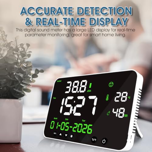 Digital Sound Level Meter 30-130dB with Alarm - Noise Decibel Monitor with Temperature,Humidity, Time, Calendar Display, 8-Level Dimmable, 11inch Screen, Wall Mounted for Classroom, Office, Factory White