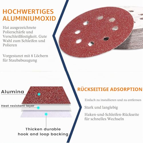 Stebruam Pack of 105 Sandpaper 125 mm Velcro for Random Orbital Sanders | Professional 125 sanding discs for 8 hole round random orbital sanders sanding (with grit 40/60/100/150/240/320/600) Pack of 105 - Grit 40,60,100,150,240,320,600