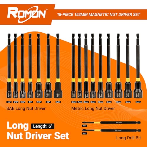 18-Piece Long Magnetic Nut Driver Set for Impact Drill, SAE and Metric Screwdriver Bits, 1/4 Inch Hex Shank Adapter Extension, Cr-V Steel