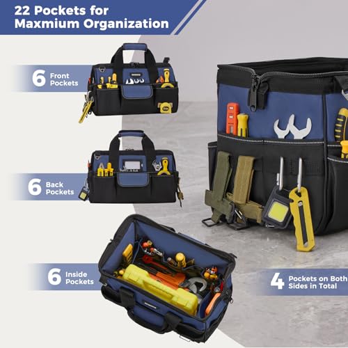 16-Inch Heavy Duty Tool Bag, 22 Pockets Empty Tool Box Organizer Storage, Soft Large Tote Toolbox Organization Portable Handle Carry Drill Toolbag for Handyman Home DIYer, Dad Men Gifts, Blue 16 Inch