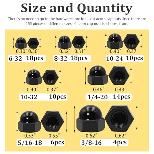 SAE Black Stainless Steel Acorn Nuts Assortment Kit (80Pcs) & Vifmy Metric Black Nylon Acorn Nuts Assortment Kit