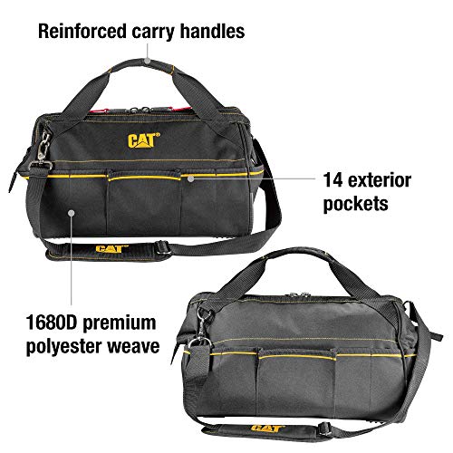 CAT 16-Inch Pro Wide Mouth Tool Bag, 14 Pockets for Tool Storage and Organization, Premium 1680D Water-Resistant Polyester Weave, Adjustable Shoulder Strap - 980206N 16 Inch