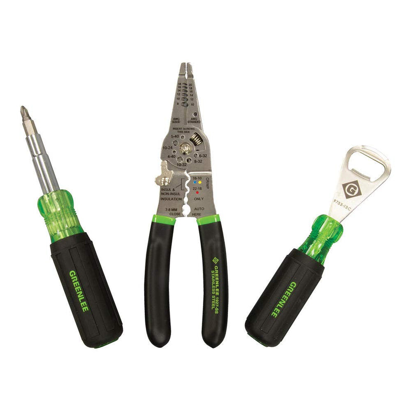 Greenlee, ‎0159-LBFB, 3-Piece Electrician Tool Kit with Stainless Steel Wire Stripper/Cutter/Crimper, 11-in-1 Multi-Bit Screwdriver and Bonus Stainless Steel Bottle Opener