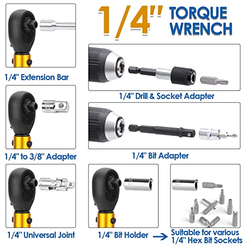 YIYEIE 50Pcs Master Bike Torque Wrench Set, 1/4 Inch Drive, 10-230 IN.LB (1-26.0 Nm), Inch Pound Click Torque Wrench with Bit Sockets, 0.1 Nm Micro, 3/8 Adapter, Pro Bicycle Tool Kit for MTB 1/4″ 50PCS