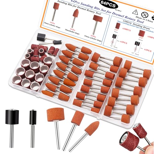 64Pcs Sanding Bits for Dremel Rotary Tools, 42Pcs Aluminum Oxide Grinding Stones Sanding Drill Bits (1/8 inch Shank) and Sanding Drums,Sanding Accessories for Metal Rust Removal Polishing