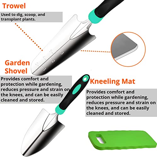 Gardening Tools - Garden Tools Stainless Steel Gardening Gifts for Women Shovel Trowel Fork Rake Gardening Gloves Perfect Gardening Gifts dark green with kneeler