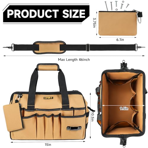15-Inch Tool Bag,38 Pockets Tool Bags for Men,Heavy Duty Tool Box Organizer Storage,Wide Mouth Toolbag Tools Tote Carrying Case for Dad,Mechanic,Electrician,Brown,Bag Only