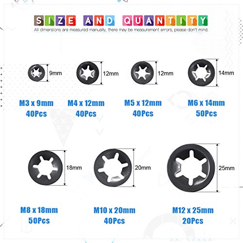 Glarks 280Pcs Internal Tooth Speed Clips Fasteners Assortment Kit + 410Pcs Metric M2 M2.5 M3 M4 M5 M6 M8 M10 Flat Washers Assortment Set
