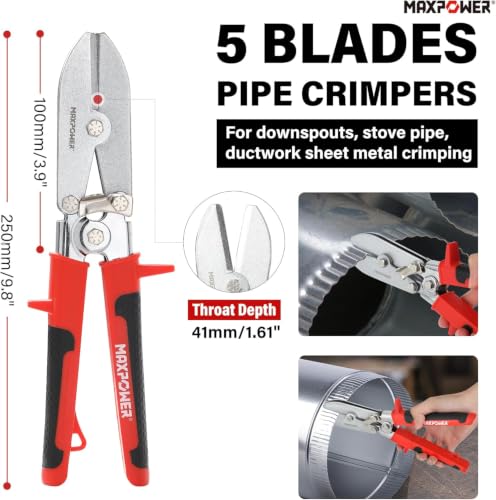 MAXPOWER Sheet Metal Hand Seamers, 5 Blades Pipe Crimper and 3-inch Straight Jaw Sheet Metal Bender with Ergonomic Soft Grip Handle 3" straight + pipe crimper