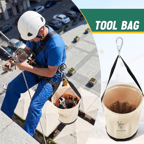Heavy Duty Tool Canvas Bucket 12 x 12 x 9'' Tapered Wall Bucket Bag with 14 Inner Pockets, Thickened 14 Ounce Canvas, Plastic Bottom High Weight Load Capacity up to 100 Lbs (Printed) Printed
