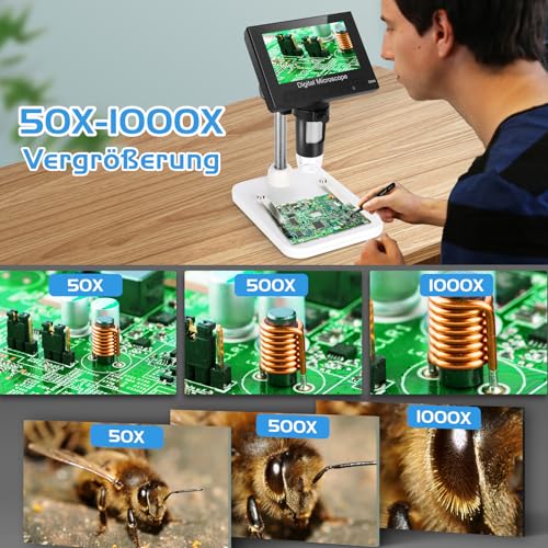 WADEO 4.3 Inch LCD Digital Microscope 1000x Including 32GB Card, Portable Microscope USB Digital Microscope with 8 Adjustable LEDs and Metal Stand, MacOS Windows Compatible 4.3 inches