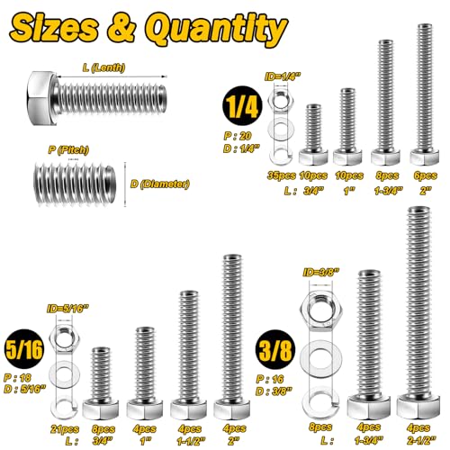 Mywish 719PCS M4 M5 M6 Bolt Screw Set, Metric Bolt Assortment & 254Pcs Nuts and Bolts, 1/4 20 5/16 18 3/8 16 Bolt, 304 Stainless Steel, Nuts and Bolts Set Flat & Spring Washers