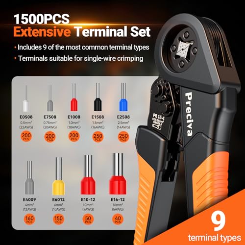 Preciva Ferrule Crimping Tool Kit - AWG 28-5 (0.08-16mm²) Self-Adjustable Ratchet Ferrule Terminals Crimping Tool, Quadrilateral Ferrule Crimper with 1500Pcs Ferrules Connectors Ferrule Crimper & Connectors