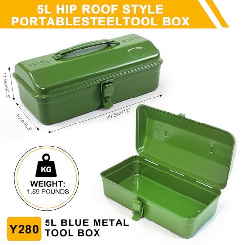 Army Green Portable Metal Tool Box Hip Roof Style With Metal Latch Closure Tool Chest For Household Workshop Car,11.4" 11.4inch Army Green