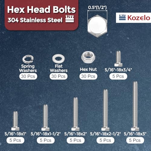 120Pcs Hex Head Screw Nut Washer Kit-5/16 304 SS Silver Tone 5/16"x3/4",1",1-1/2",2",2-1/2",3" 120