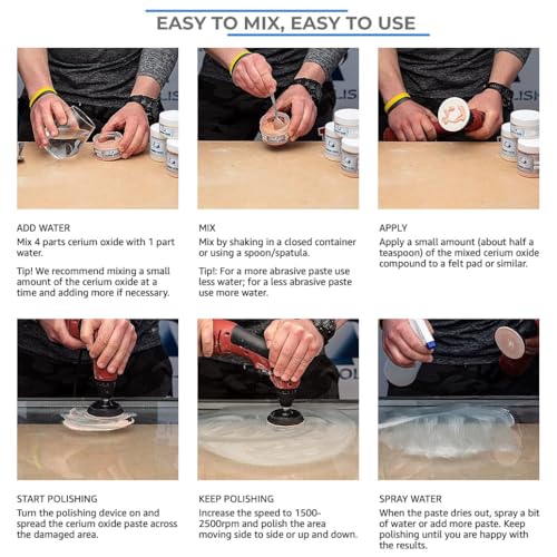 GLASS POLISH PRO Glass Polishing Bundle: Set of 1.76oz Cerium Oxide Powder, 5" Backing Pad with 5/8"-11 Thread, and Felt Polishing Pads for Superior Glass Restoration