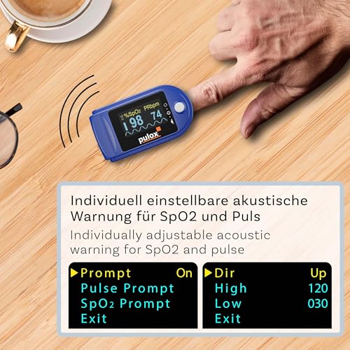 Pulox PO-200A Solo Pulse Oximeter with Alarm and Pulse Sound for Measuring Pulse and Oxygen Saturation on the Finger | With acoustic warning function and pulse tone for measuring oxygen saturation, pulse and perfusion index directly on the finger (blue)