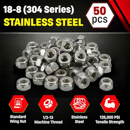 Chenango Supply 1/2-13 Stainless Steel Nylon Insert Lock Nuts – 304 Stainless, USS Coarse Thread, 100,000–125,000 PSI Tensile Strength, Corrosion-Resistant Nylock Nuts, 50 Pieces (1/2-13 Nylock)
