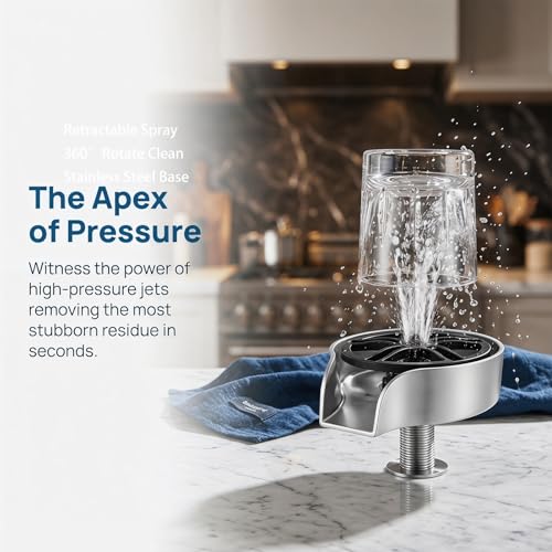 Glass Rinser for Kitchen Sink with Pull-Out Spray, High Pressure 360° Rotating Glass Cup Cleaner Sink Attachment Bottle Washer, Kitchen Sink Accessories Cup Washer Bottle Cleaner for Home Bar, Silver