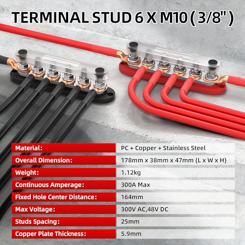 JoinfWorld Busbar 12v-48V,300A Power Distribution Block (BB300-T6M10) | Busbar busbar, 6 x M10 (3/8 inch) connection bolts, up to 48 V DC/300 V AC, with cover, for car, boat, solar system BB300-T6M10