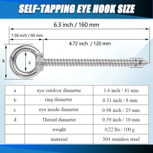 OHIYO 5 inch / 5.5 inch / 6.3 inch Heavy Duty Eye Hooks M10 Eyelet Screw Heavy Duty Screw in Eye Hooks for Hammock Stand, Swing Chair, Yoga, Heavy Indoor & Outdoor Uses (12 Pack)