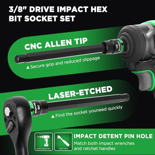 TecoTek 3/8" Drive Long Impact Hex Bit Socket Set, Allen Bit Sockets, 20PCS Allen Wrench Socket, SAE (1/8"-7/16”) and Metric (3MM-12MM), 6" Long CR-V & S2 Alloy Steel Hex Key Set