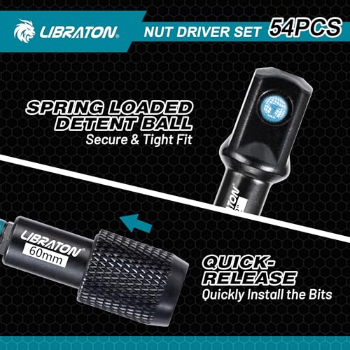 LIBRATON 54PCS Magnetic Nut Driver Set, Impact Drill Driver Bit Set 1/4" Metric & SAE 54PCS