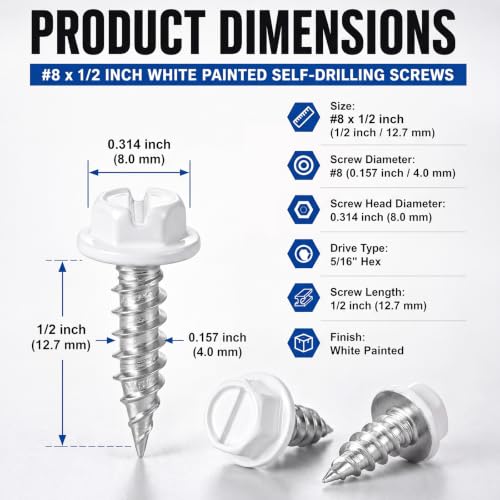 Shimeyao 1000 Pack #8 x 1/2" White Painted Self Drilling Screws, Hex Washer Head Self-Tapping Sheet Metal Screws, Corrosion Resistant Fasteners for Roofing, Siding, HVAC and Construction