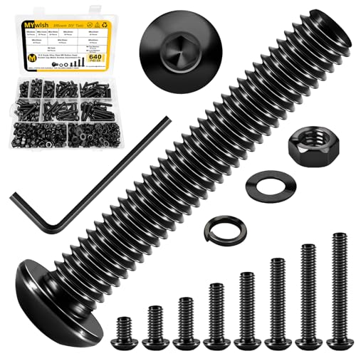 Mywish 640Pcs M6 Screw Black Bolts and Nuts Kit & 345Pcs Metric M4 Screws Assortment Kit, Head Cap Screw Metric Bolts Assortment, Machine Screws, Fully Threaded Hex Wrenches