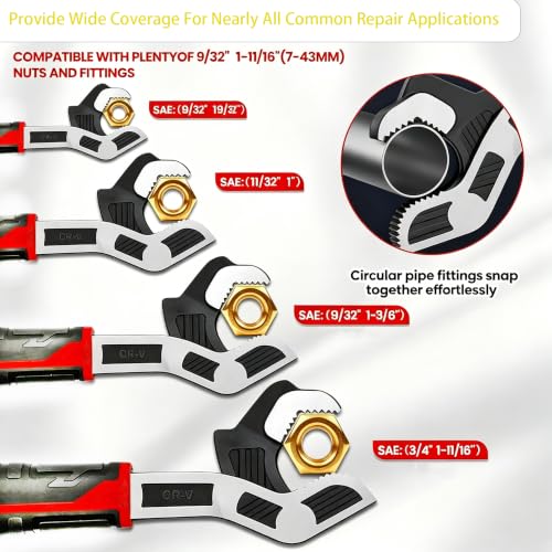 Self Adjusting Pipe Wrench, 6” 8” 10” 12" Pipe Wrench Set, Plumbers Wrench with Self Tightening Function for 9/32" to 1-11/16" (7-43mm) Pipe Fittings, Standard Nuts and Irregular Nut 6+8+10+12 Inches