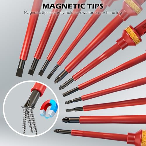 1000V Insulated Electrician Screwdriver Set - 13-Piece Professional Electrical Screwdriver Set Insulation Handle CRV Steel Magnetic Phillips Slotted Pozi Torx Tips VDE & GS Certified 13 Pcs Vde Interchangeable Pro