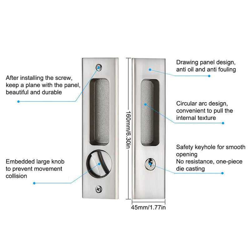 LWZH 6.3" Silver Invisible Recessed Handle Latch with Keys Interior Pocket Door Lock Sliding Barn Door Lock Furniture Hardware (1 Pack) 1 Pack
